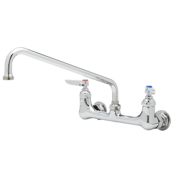 A chrome T&S wall mount pantry faucet with two lever handles and a swing nozzle.