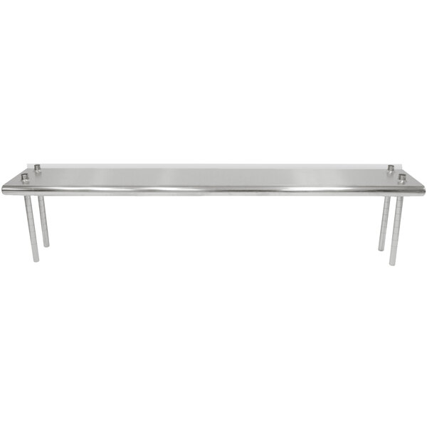 An Advance Tabco stainless steel table mounted shelving unit with a rear turn-up.