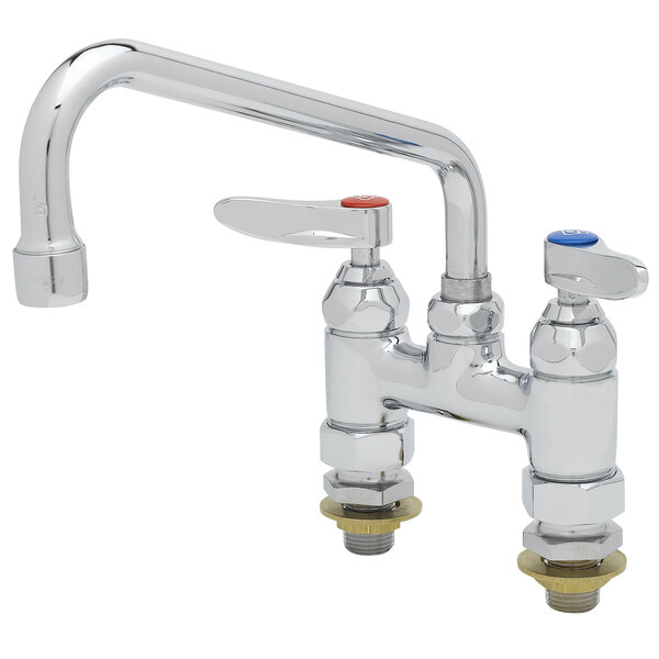 A chrome T&S deck-mounted faucet with two lever handles and swing nozzles.