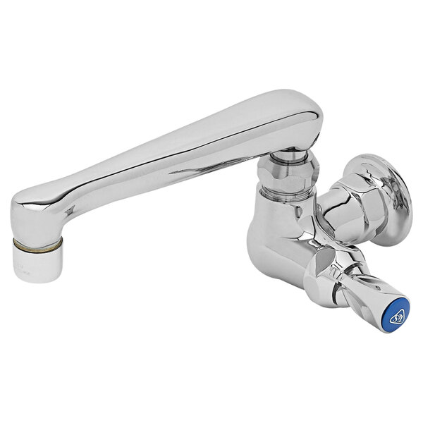 A T&S chrome wall mount faucet with a blue lever handle.