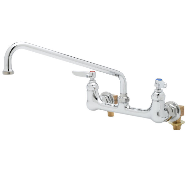 A chrome T&S wall mount pantry faucet with two handles and a 12" swing nozzle.