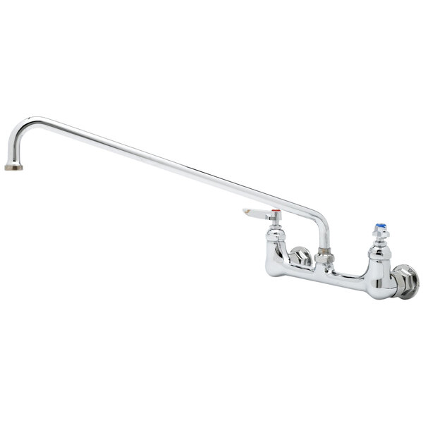 A T&S chrome wall mount faucet with a handle and 18" swing nozzle.