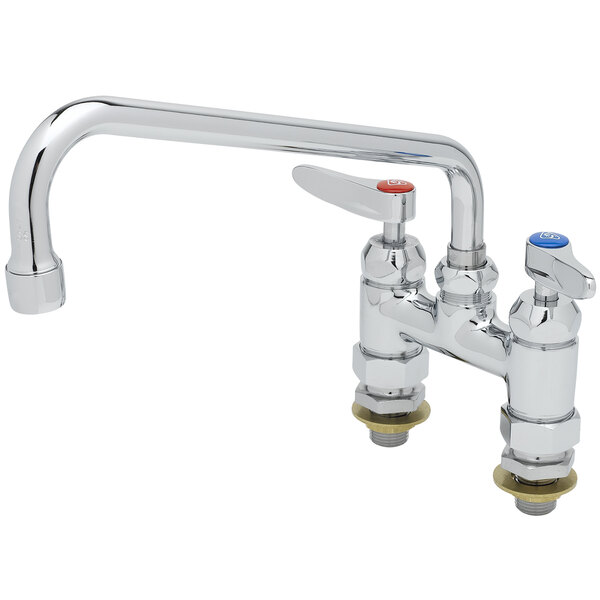 A chrome T&S deck-mounted faucet with two lever handles and a swing nozzle.