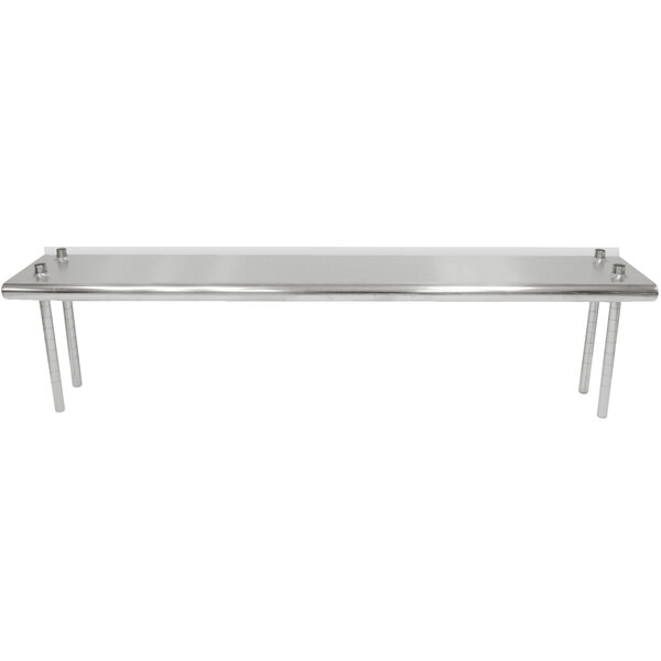 A white rectangular table with a stainless steel shelf mounted on the rear.
