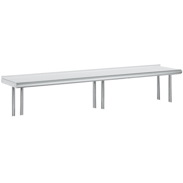 A stainless steel table mounted shelving unit with legs.