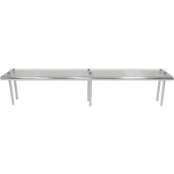 A stainless steel table mounted overshelf with two shelves on it.