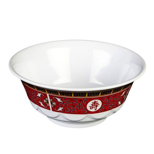 A white melamine bowl with red and black Longevity designs.
