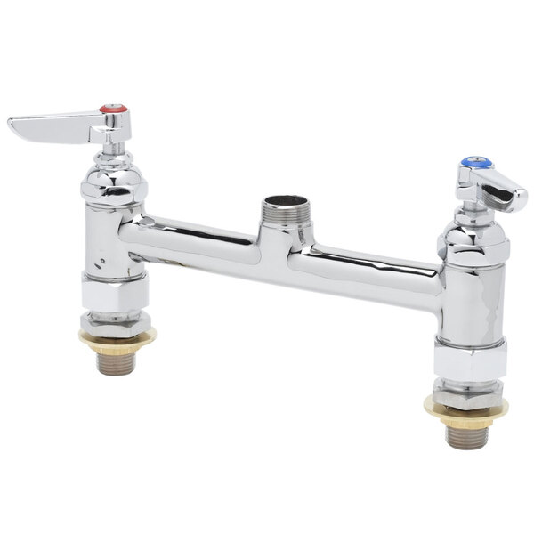 A chrome T&S deck mount faucet base with two Eterna cartridges and CC connections.