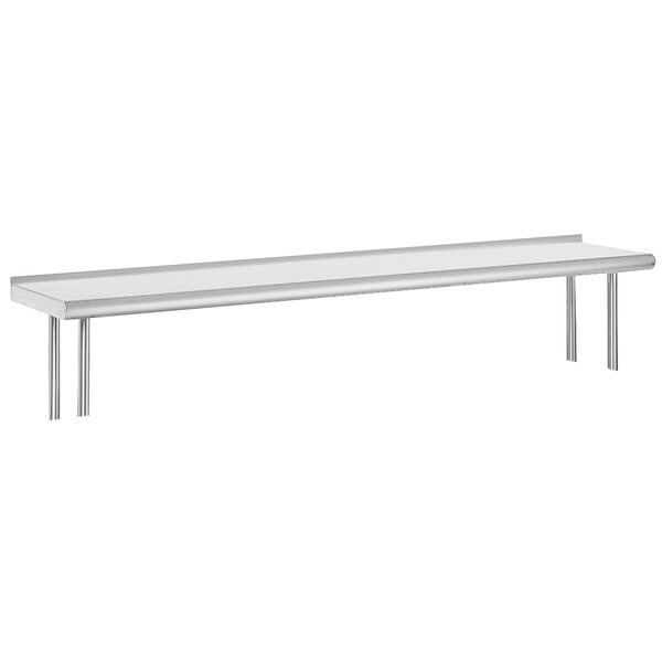 A stainless steel Advance Tabco rear mounted table shelf with a top shelf.