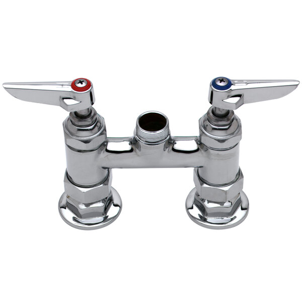 A T&S deck mount faucet base with two chrome spouts and handles.