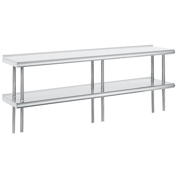 A white table with a stainless steel Advance Tabco rear mounted double deck stainless steel shelving unit.