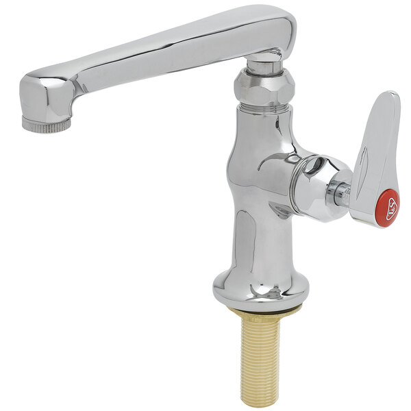 A silver T&S deck mount faucet with a red hot water index knob.