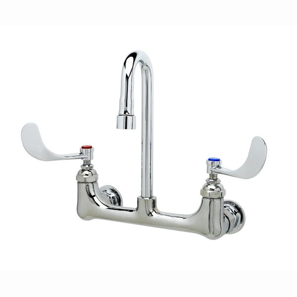 A chrome T&S wall mount pantry faucet with 4" wrist action handles.