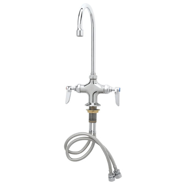 A chrome T&S deck-mounted pantry faucet with flex inlets and a swivel gooseneck nozzle.