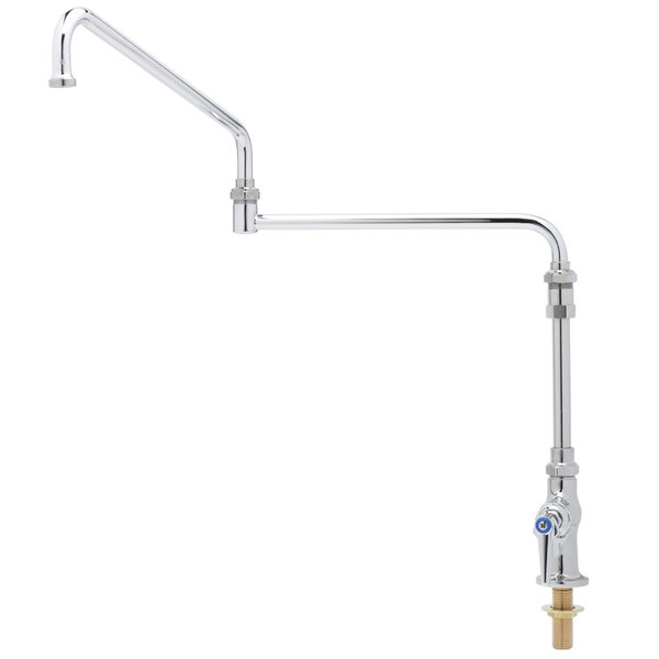 A chrome T&S pantry faucet with a double joint nozzle and swivel extension.
