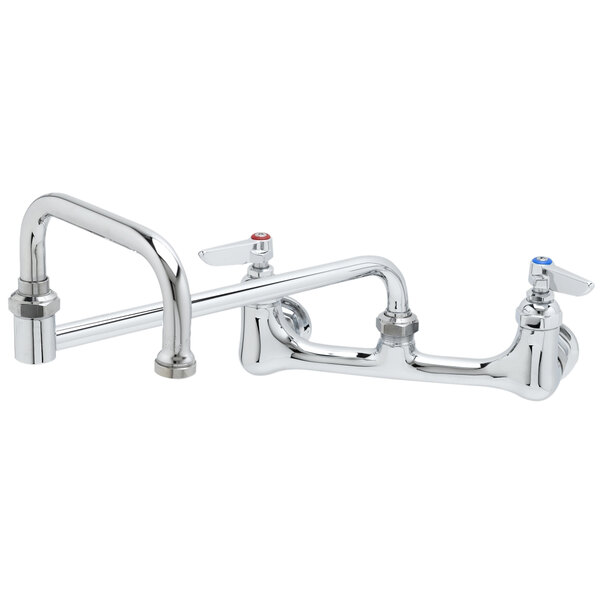 A T&S chrome wall mount faucet with 2 handles and a double joint nozzle.