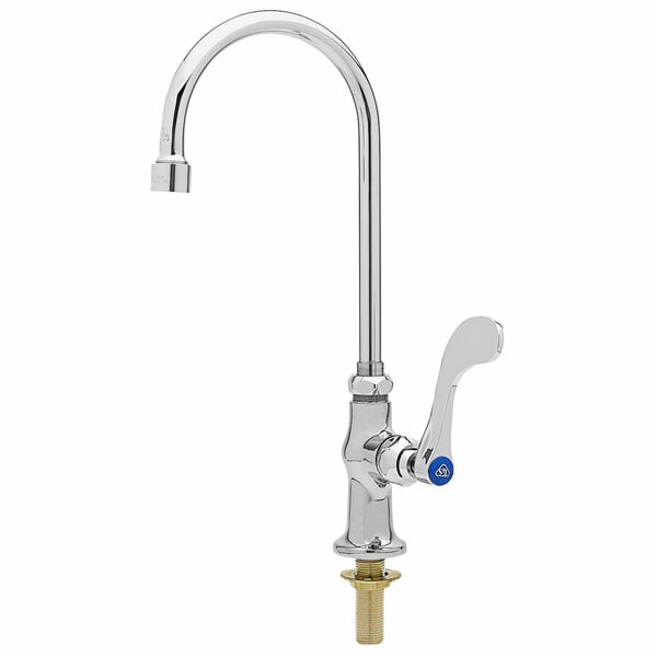 A silver deck-mount faucet with blue and gold wrist action handles.