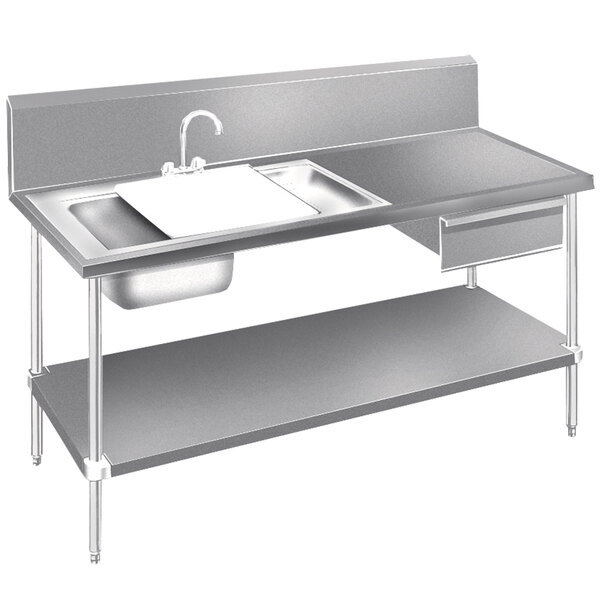 A stainless steel prep table with a sink, drawer, and undershelf.