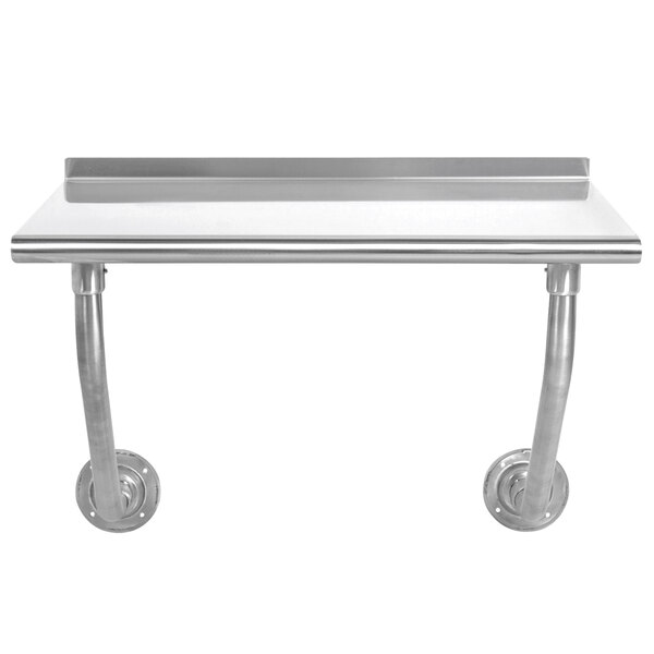 A stainless steel Advance Tabco wall mounted table with metal legs.