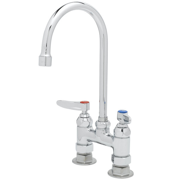 A T&S chrome deck-mount faucet with two lever handles.