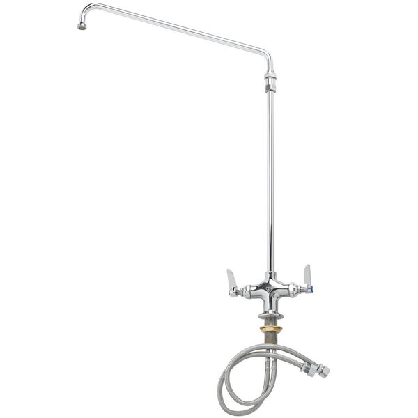 A silver T&S deck-mounted pantry faucet with flex inlets and a hose.