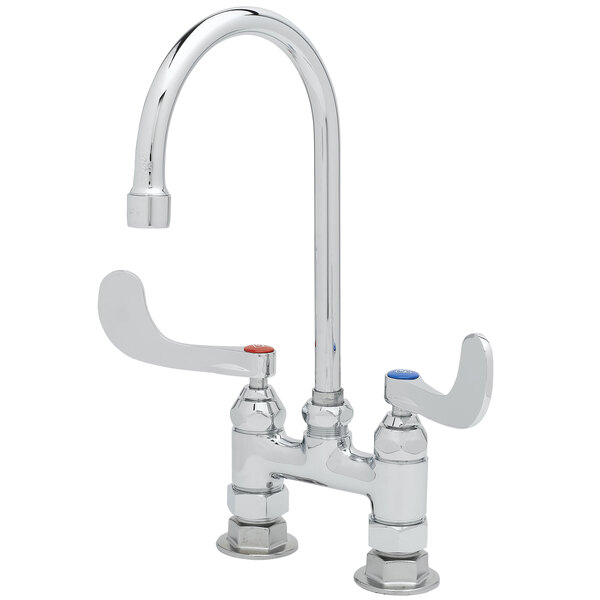 A T&S deck-mount pantry faucet with two spouts and two handles on a white background.
