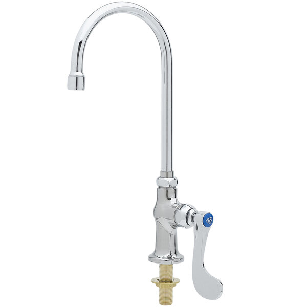 A chrome deck mount pantry faucet with a blue and black wrist action handle.