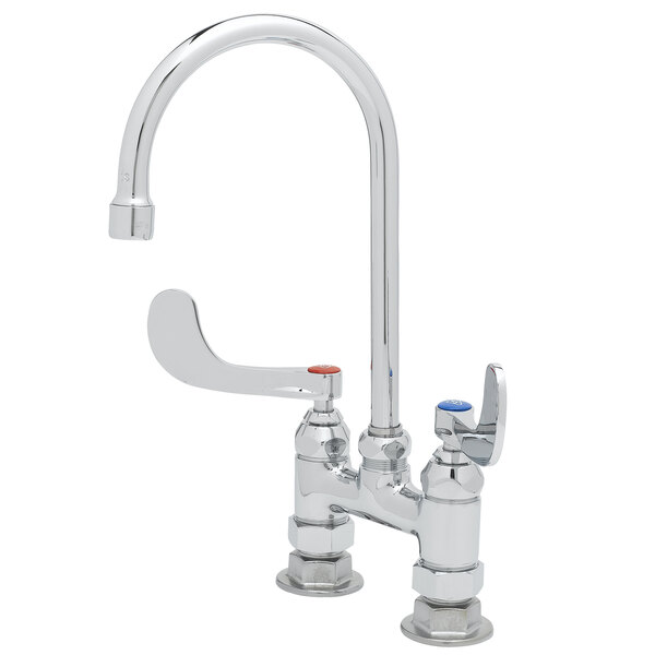 A T&S chrome deck-mounted faucet with gooseneck nozzle and wrist handles.