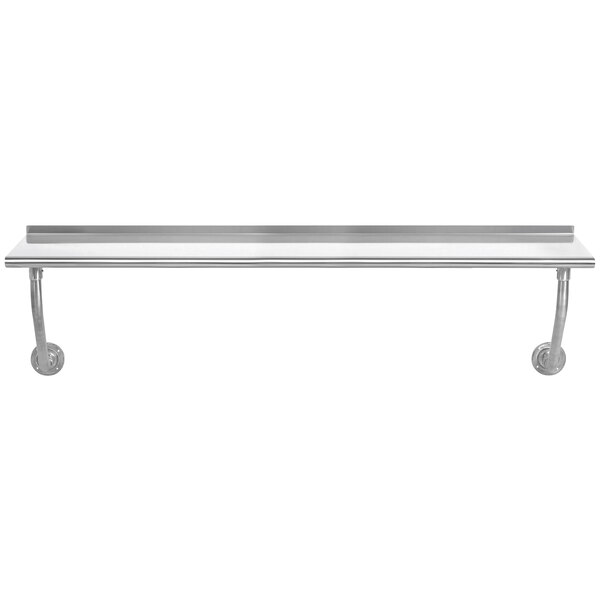An Advance Tabco stainless steel wall mounted table with shelves.