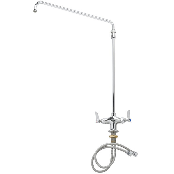 A silver T&S deck mounted pantry faucet with flex inlets and a hose.
