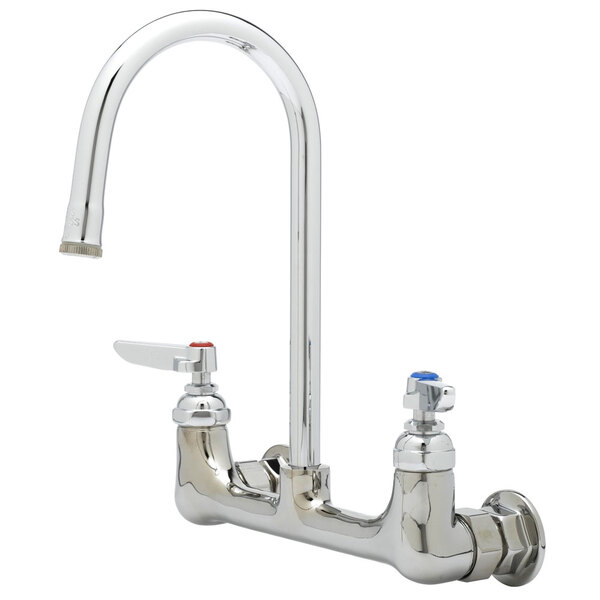 A silver T&S wall mount faucet with two levers.