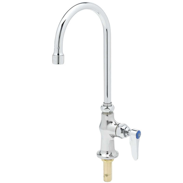 A chrome T&S deck-mount pantry faucet with a handle and gooseneck spout.