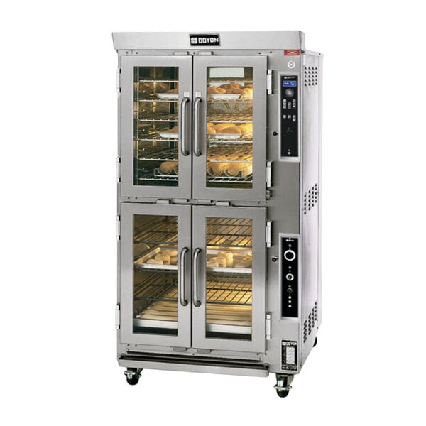 A Doyon double deck oven proofer combo with food in it.