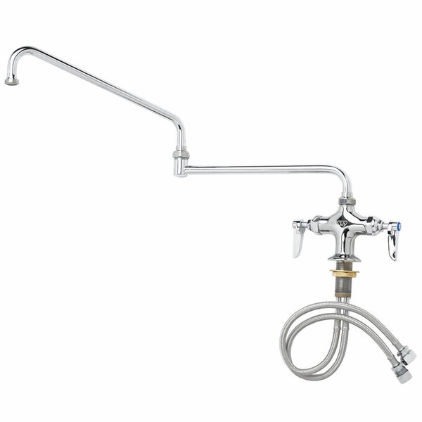A chrome T&S deck-mounted pantry faucet with a double jointed swing nozzle hose.
