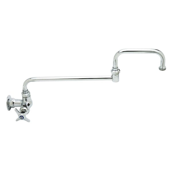 A chrome T&S wall mount faucet with a long handle and double joint nozzle.