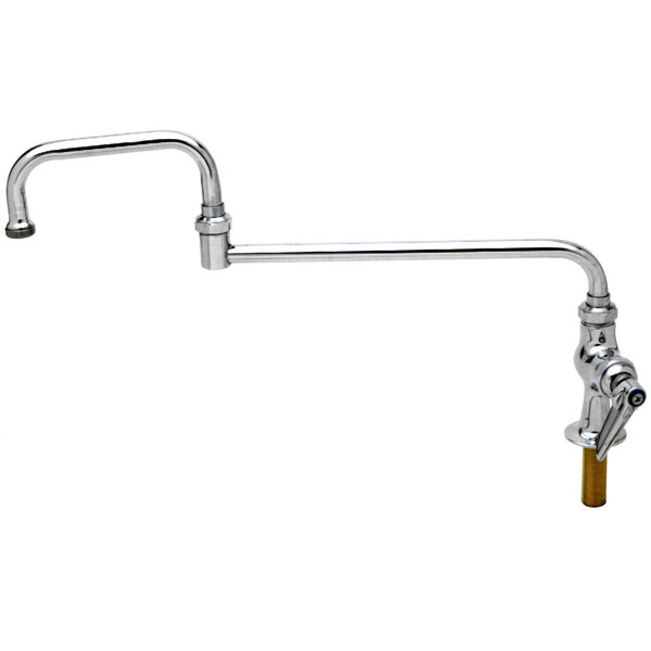A chrome T&S deck-mount pantry faucet with a long silver handle and a long double joint nozzle.