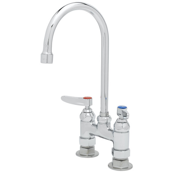 A T&S chrome deck-mounted faucet with two lever handles.