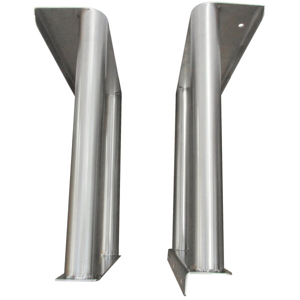 Two stainless steel Advance Tabco shelf mounting brackets.