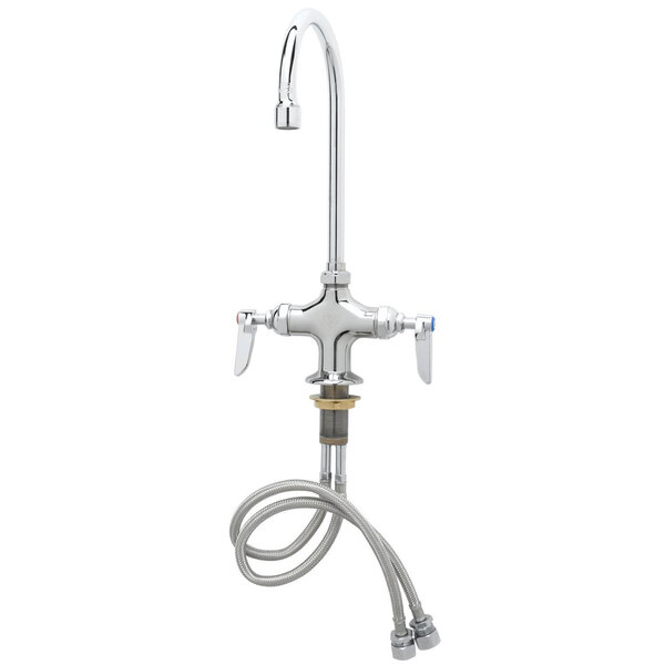 A T&S chrome deck-mounted faucet with a swivel gooseneck spout and 4-arm handle.