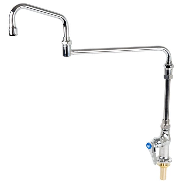 A chrome T&S pantry mixing faucet with a long, double joint nozzle and swivel extension.