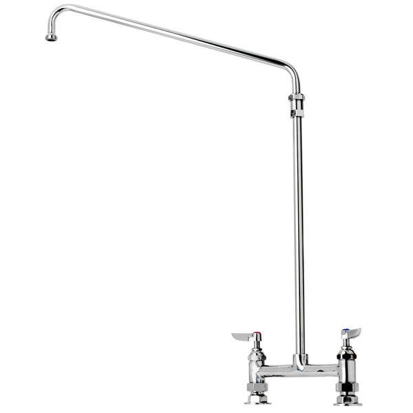 A silver T&S deck-mounted faucet with a long curved arm and lever handle.