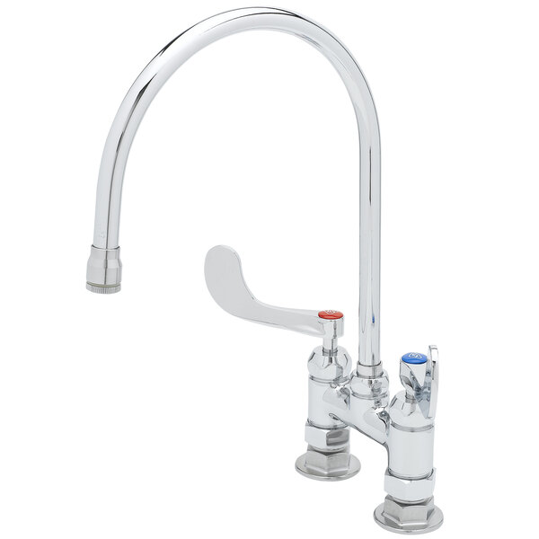 A T&S chrome deck-mounted faucet with wrist handles and a gooseneck nozzle.