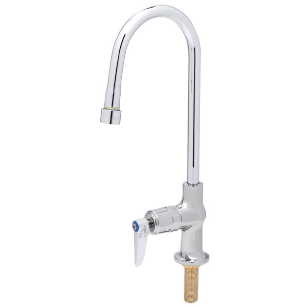 A chrome T&S deck-mount pantry faucet with a single handle and gooseneck spout.