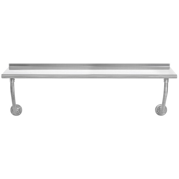 A stainless steel wall mounted table with a metal frame.