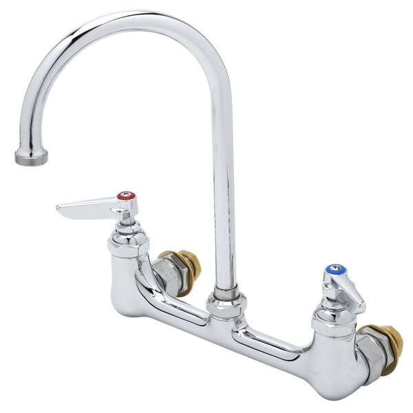 A chrome T&S wall mount faucet with two handles.