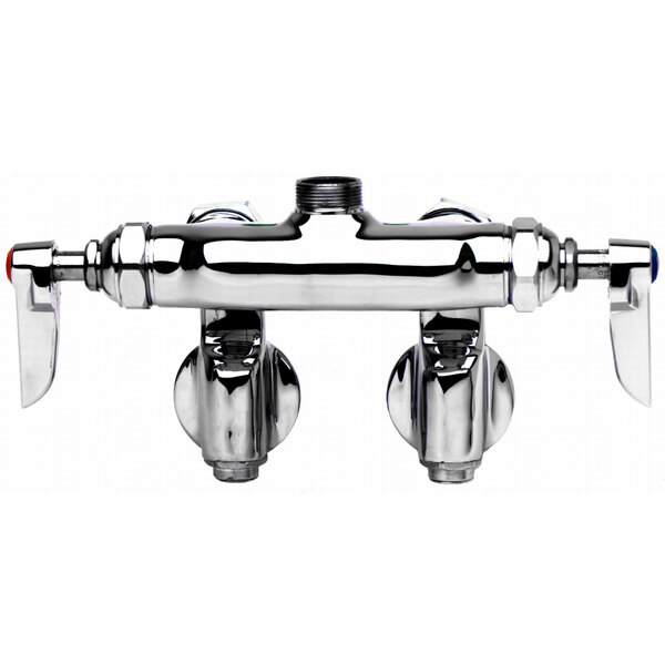A chrome T&S faucet base with two handles.