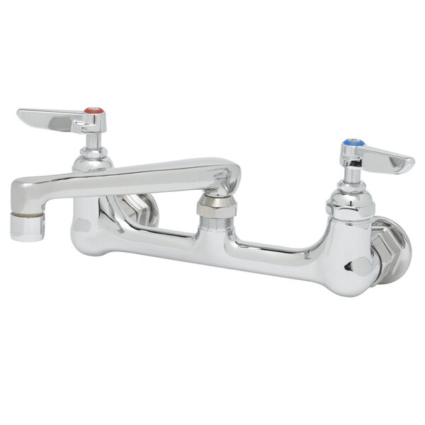A T&S chrome wall mount pantry faucet with two handles and two faucets.