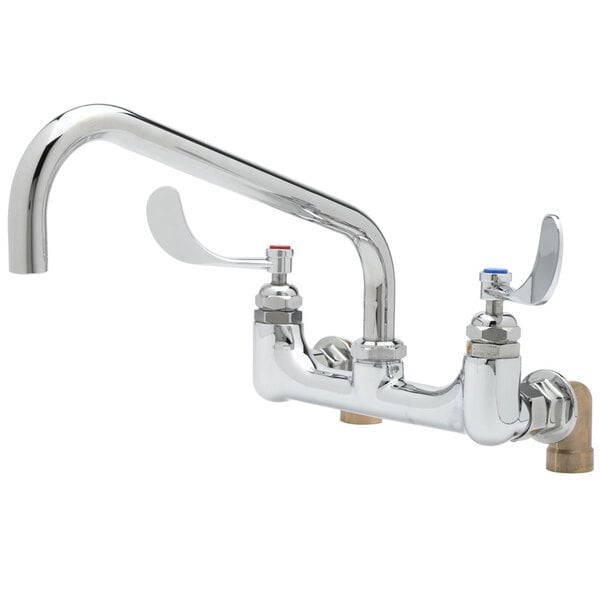 A T&S chrome wall mount faucet with two handles and a hose.