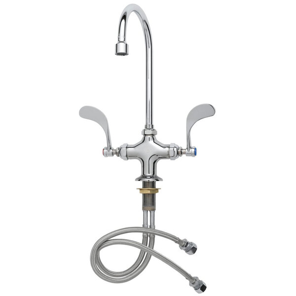 A T&S chrome deck-mounted pantry faucet with flex inlets and a swivel gooseneck spout and wrist action handles, with a hose attached.