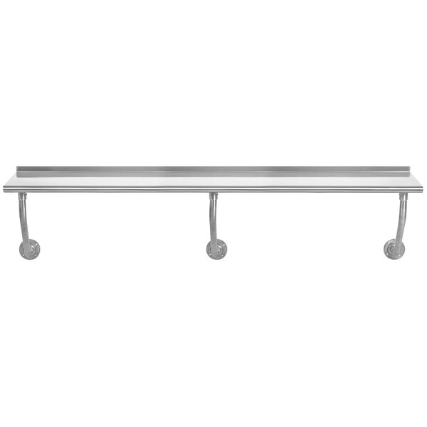 An Advance Tabco stainless steel wall mounted table with a long metal shelf.